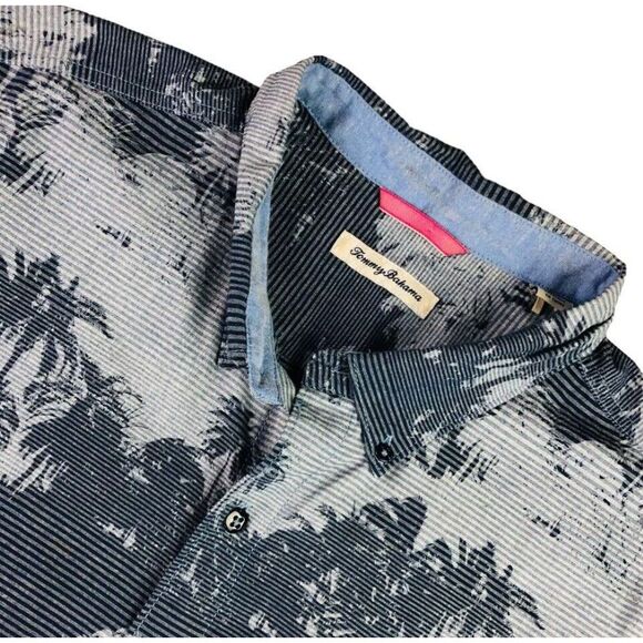 Tommy Bahama Shirt Mens‎ Large Blue Striped Palm Tree Tropical Casual Button Up - Picture 1 of 7